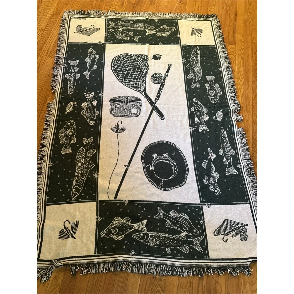 Vintage MWW Fly Fishing Trout Lodge Cabin Throw Blanket Jacquard 45x62 Green